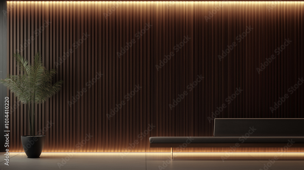 Modern Dark Wood Panel with Elegant Linear Lighting and copy-space
Modern Dark Wood Panel with Elegant Linear Lighting and copy-space