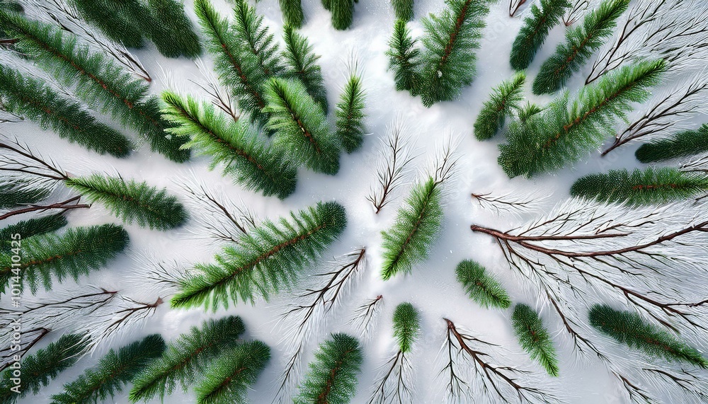 snow background with christmas tree bacnch. top view snow background with christmas tree bacnch. top view