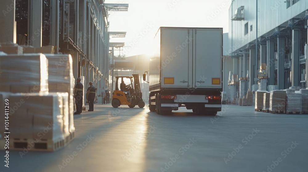 A busy industrial area with a truck and forklift, emphasizing logistics and transportation. A busy industrial area with a truck and forklift, emphasizing logistics and transportation.