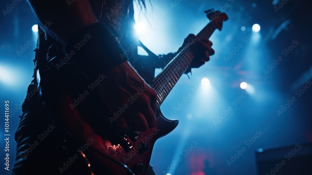 Obraz premium A guitarist performs on stage, illuminated by dramatic lighting, creating an energetic atmosphere.