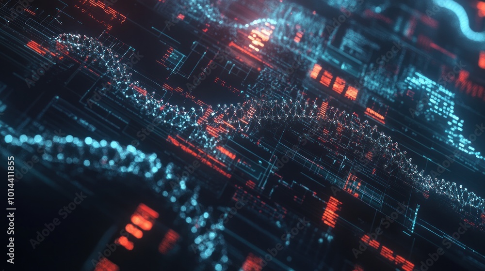 Fototapeta premium Abstract digital visualization of interconnected data streams and circuits.