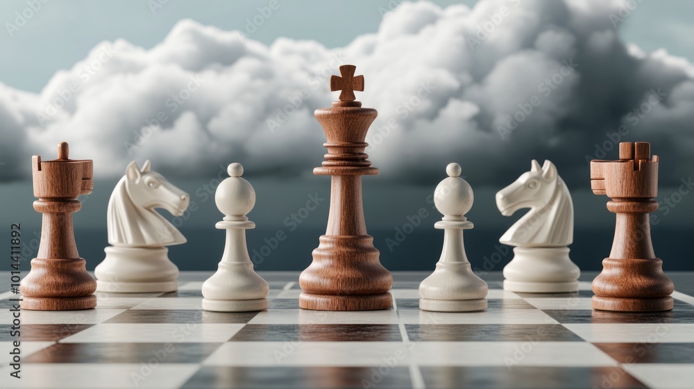 A chessboard with a line of chess pieces set up against a cloudy sky background. A chessboard with a line of chess pieces set up against a cloudy sky background.