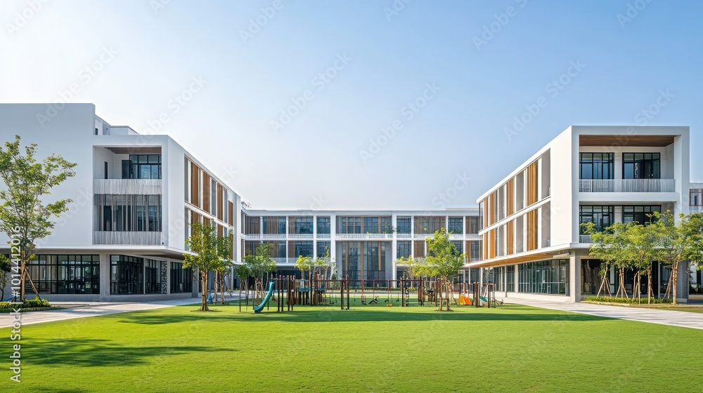 Modern educational building with a playground and green space. Modern educational building with a playground and green space.