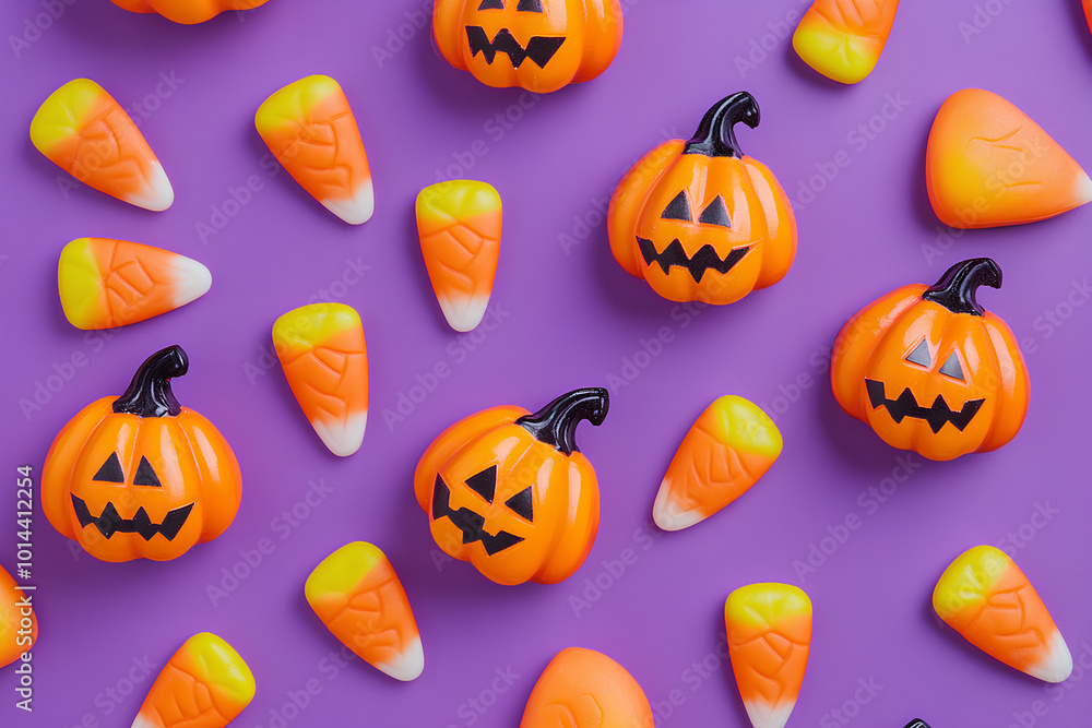 Halloween candy corns and pumpkins on purple background Halloween candy corns and pumpkins on purple background