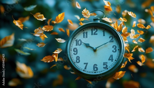 Clock surrounded by autumn leaves in a dreamy atmosphere. photo