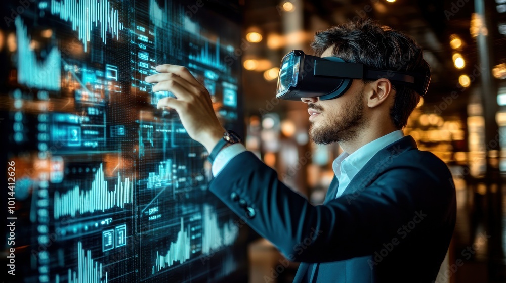 A man in a suit using virtual reality technology to interact with data visualizations. A man in a suit using virtual reality technology to interact with data visualizations.
