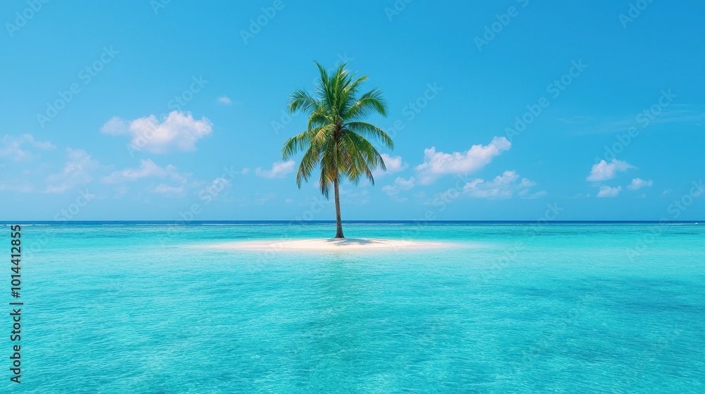 Lone palm tree on a serene beach with clear water and blue sky. Lone palm tree on a serene beach with clear water and blue sky.
