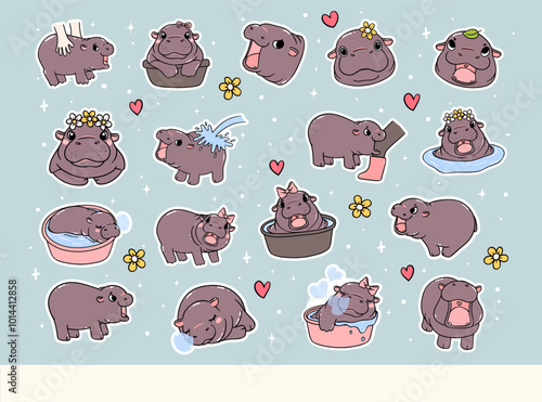 Grumpy Baby Pygmy Hippo Playful bouncy pig Cartoon Hand Drawn Doodle Sticker Sheet