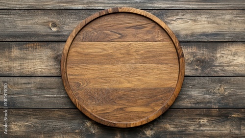 A rustic wooden serving board sits on a weathered wooden table, showcasing its natural grain and round shape.