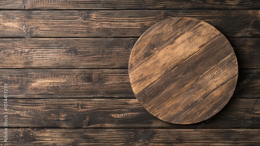 A wooden round board rests on a textured wooden surface, showcasing a rustic aesthetic derived from natural materials. A wooden round board rests on a textured wooden surface, showcasing a rustic aesthetic derived from natural materials.