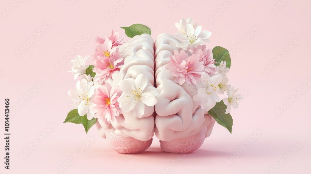 Obraz premium A brain surrounded by pink and white flowers, symbolizing creativity and mental wellness.