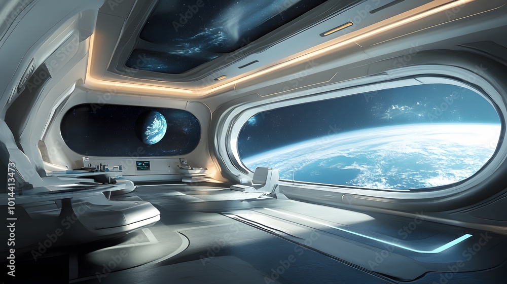 Spaceship futuristic interior with view on planet Earth. Spaceship futuristic interior with view on planet Earth.