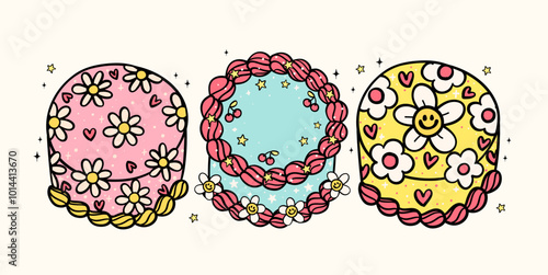 Groovy Retro Cake flower smile Doodle Banner Vintage Pastel Bold Line Festive Design collection