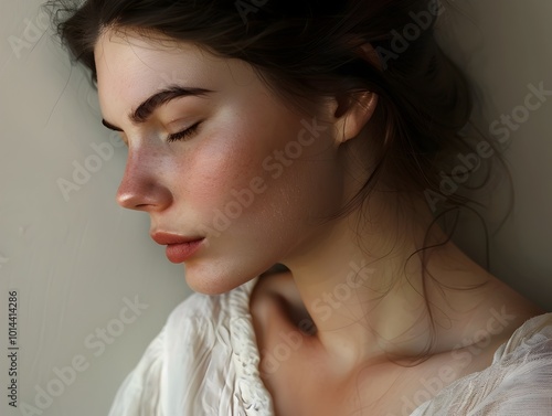 Serene and Radiant Bronze Complexioned Woman with Impeccable Dewy Skin and Renaissance Inspired Aesthetic photo