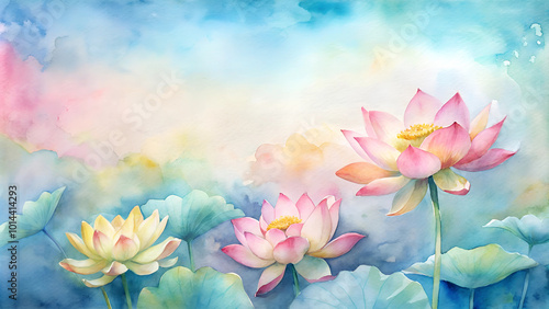 Watercolor lotus flowers background, soft and serene, featuring pink and yellow lotus flowers against a blue and green wash, symbolizing purity and beauty, with copy space photo