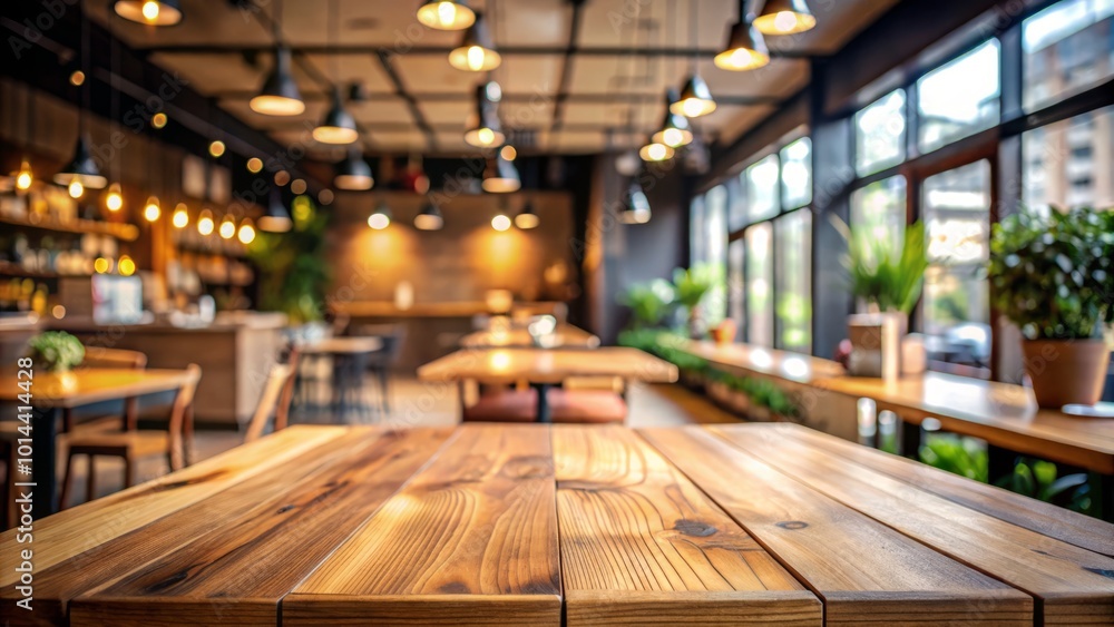 Featuring a wooden table top in a vibrant cafe environment, blurred in the background, this image inspires creative Featuring a wooden table top in a vibrant cafe environment, blurred in the background, this image inspires creative