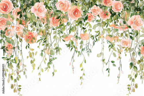 A beautiful arrangement of delicate pink roses and green leaves cascading down against a white background.