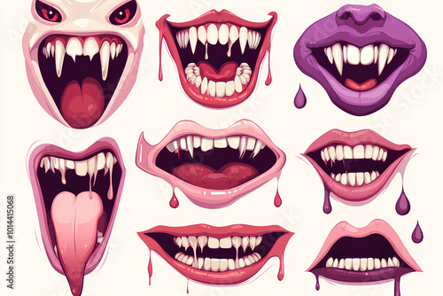 Wallpaper Mural Halloween monster mouths, teeth and tongues cartoon vector set. Scary devil and vampire smiles, crazy horror faces of alien beasts and angry zombies with sharp fangs, saliva, lips and blood drops Torontodigital.ca