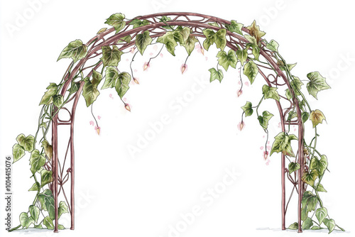 A decorative arch adorned with lush green vines and leaves, ideal for gardens or wedding ceremonies, creating a beautiful focal point. photo