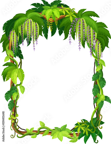 Tropical jungle frame with forest liana branch and leaves. Cartoon vector arched border made of natural foliage and exotic greenery, creeper plans and hanging roots. Photo frame or game menu template
