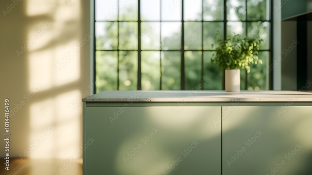 Fototapeta premium Green Kitchen Countertop with Natural Light and Window View