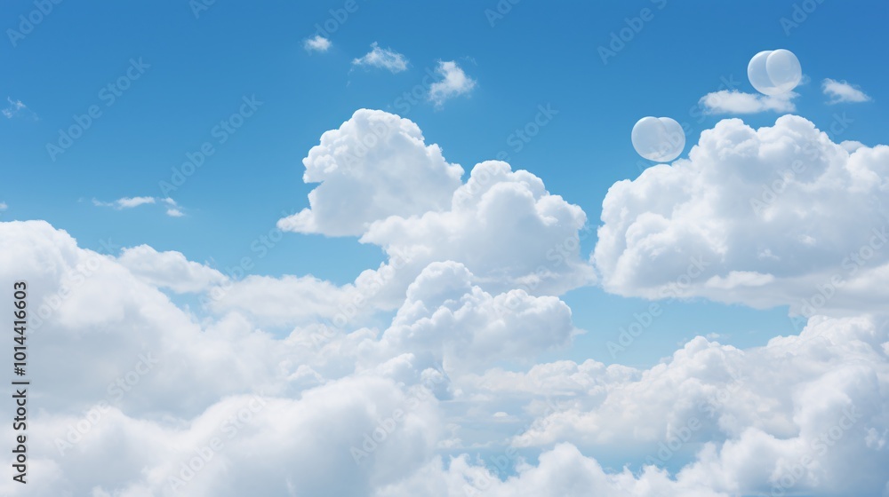 Puffy white clouds forming shapes in a bright blue sky Puffy white clouds forming shapes in a bright blue sky