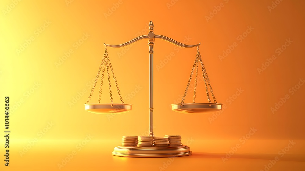 Golden Scales of Justice with Coins on Orange Background Golden Scales of Justice with Coins on Orange Background