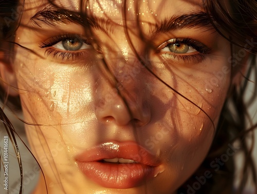 Radiant Olive Toned Woman s Captivating Impressionist Portrait with Soft Dewy Skin and Subtle Cosmetics photo