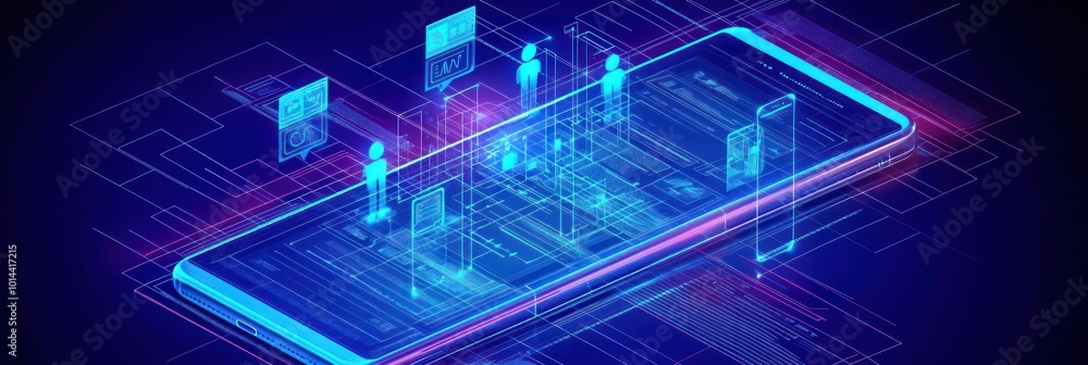 Abstract representation of a smartphone with digital elements and holographic figures. Abstract representation of a smartphone with digital elements and holographic figures.