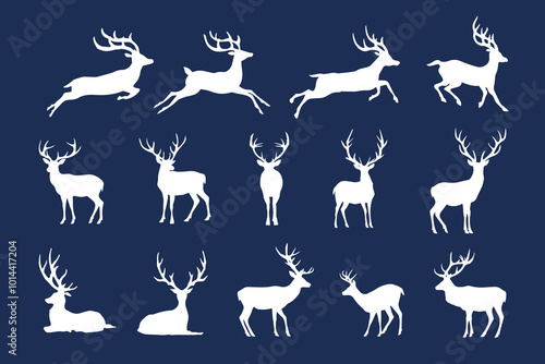 Deer silhouettes collection. Various poses of stags with antlers. White shapes on blue background. Wildlife, hunting, and nature design elements. Elegant and iconic animal outlines cutout.