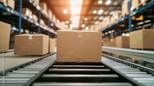 A conveyor belt transporting cardboard boxes in a warehouse setting.