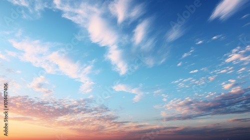 A clear blue sky with soft, wispy clouds at sunrise