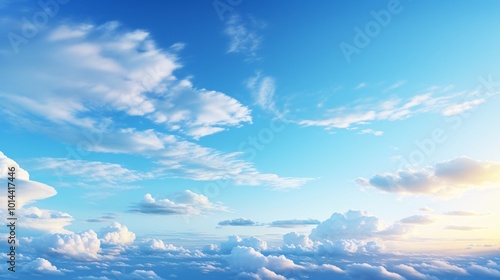 Fototapeta Naklejka Na Ścianę i Meble -  A clear blue sky with soft, wispy clouds at sunrise