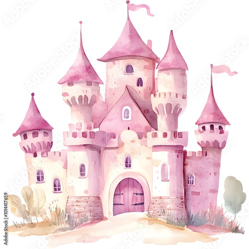 Watercolor Pink Castle Illustration Fairy Tale Princess Royal Fantasy Magical