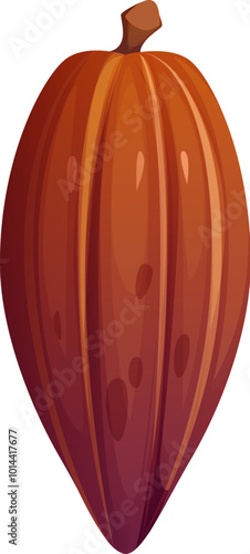 Cartoon cocoa pod or bean with rich brown color and ribbed texture. Isolated vector chocolate cacao tree plant seed. Confection ingredient for kakao powder, confectionery and sweets cooking