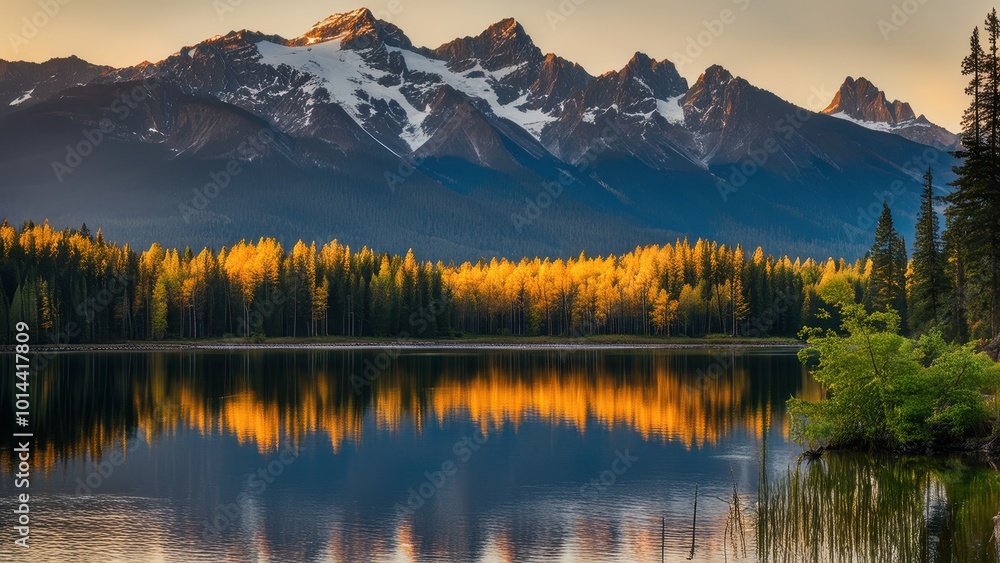 Serene mountain landscape reflecting on a tranquil lake at sunset. Serene mountain landscape reflecting on a tranquil lake at sunset.