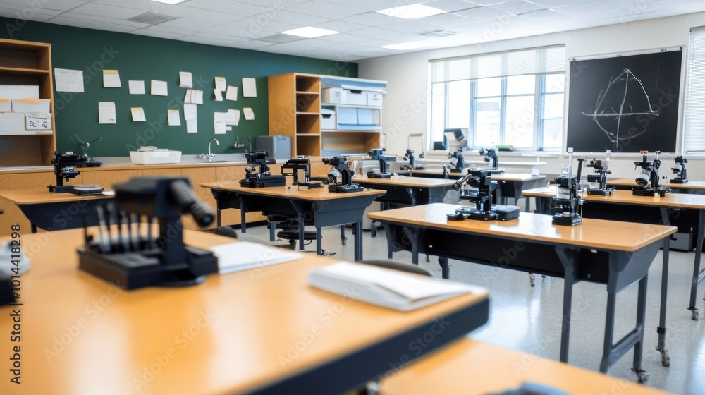 A science classroom equipped with microscopes and educational materials for learning. A science classroom equipped with microscopes and educational materials for learning.