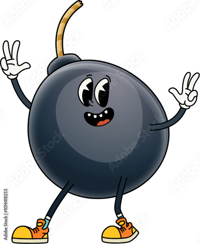 Groovy bomb character. Isolated cartoon vector explosive weapon retro personage with expressive eyes and vintage sneakers, cheerfully flashing peace signs, symbolizing energy and impending action