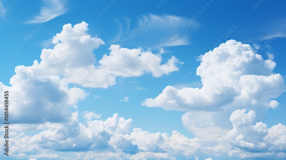 A tranquil blue sky with a mix of cumulus and cirrus clouds A tranquil blue sky with a mix of cumulus and cirrus clouds