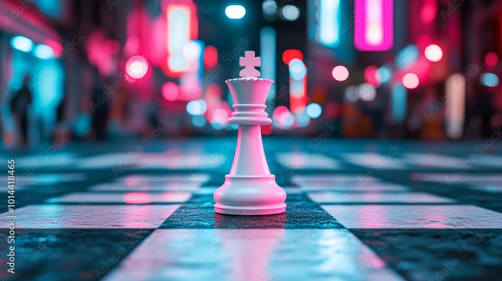 A white chess king stands alone on a checkered board in a brightly lit city at night, symbolizing leadership and strategy. A white chess king stands alone on a checkered board in a brightly lit city at night, symbolizing leadership and strategy.