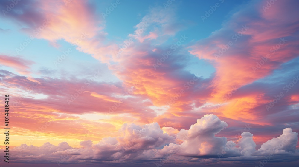A panoramic shot of a blue sky with colorful clouds at sunset A panoramic shot of a blue sky with colorful clouds at sunset