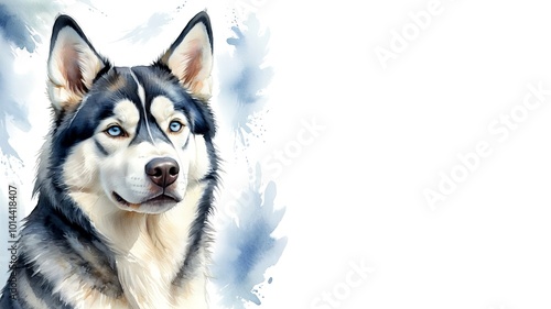 Siberian Husky dog , captured in a serene watercolor portrait. Drawing. Art. Illustration. Copy Space. 2
