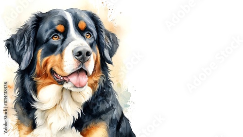 Bernese Mountain dog , captured in a serene watercolor portrait. Drawing. Art. Illustration. Copy Space. 1 photo