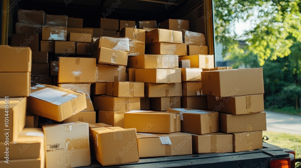 A delivery truck filled with stacked cardboard boxes awaiting distribution. A delivery truck filled with stacked cardboard boxes awaiting distribution.