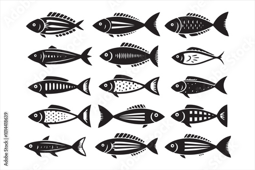 Swimming fish in black and white silhouette collection set