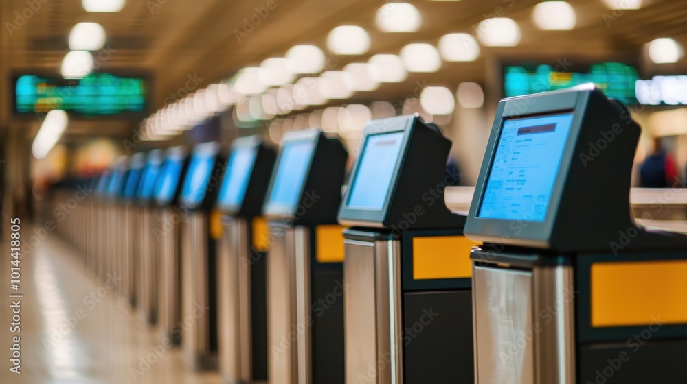 Modern airport check-in kiosks lined in a bright terminal with digital screens. Modern airport check-in kiosks lined in a bright terminal with digital screens.