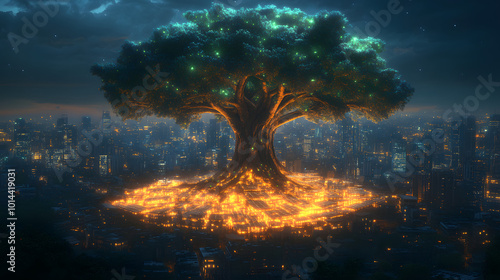 A towering tree, illuminated by a mystical glow, stands over a bustling metropolis. Its roots extend deep into the city, connecting to the buildings and infrastructure below. 