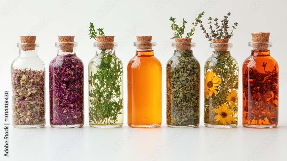 Assorted herbal bottles with dried flowers and infused oils. Assorted herbal bottles with dried flowers and infused oils.