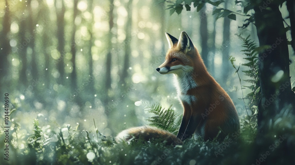 Obraz premium A serene fox sitting in a lush forest, surrounded by ferns and soft sunlight.