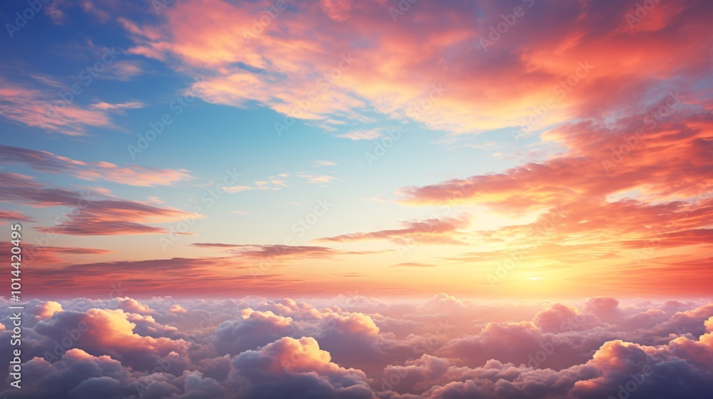 A tranquil blue sky with a mix of cloud types at sunset A tranquil blue sky with a mix of cloud types at sunset